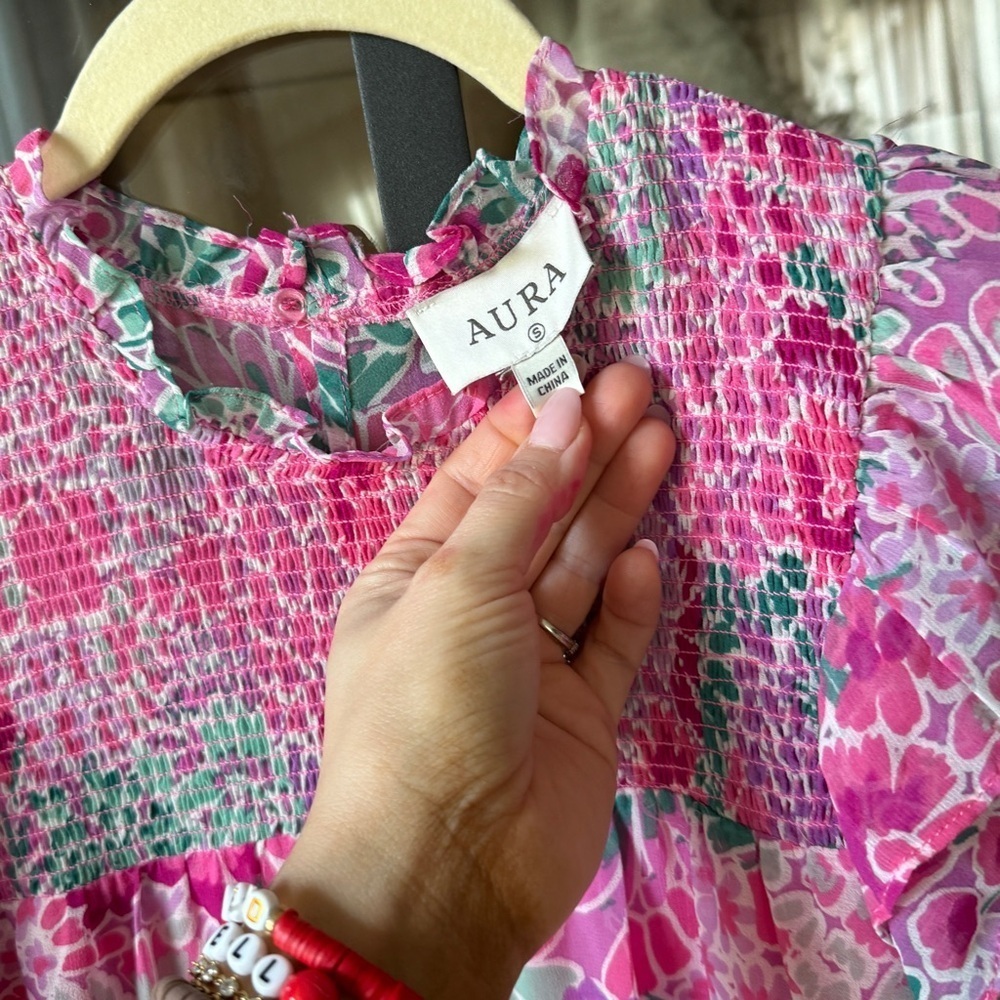 Aura floral smocked dress mini colorful chiffon flutter ruffle short sleeve - Picture 2 of 5